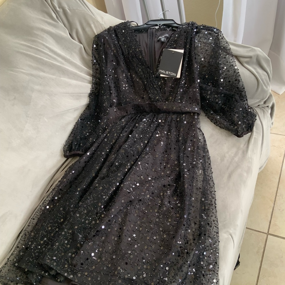 Halston Heritage Black Sequin Long Sleeve V-Neck Dress